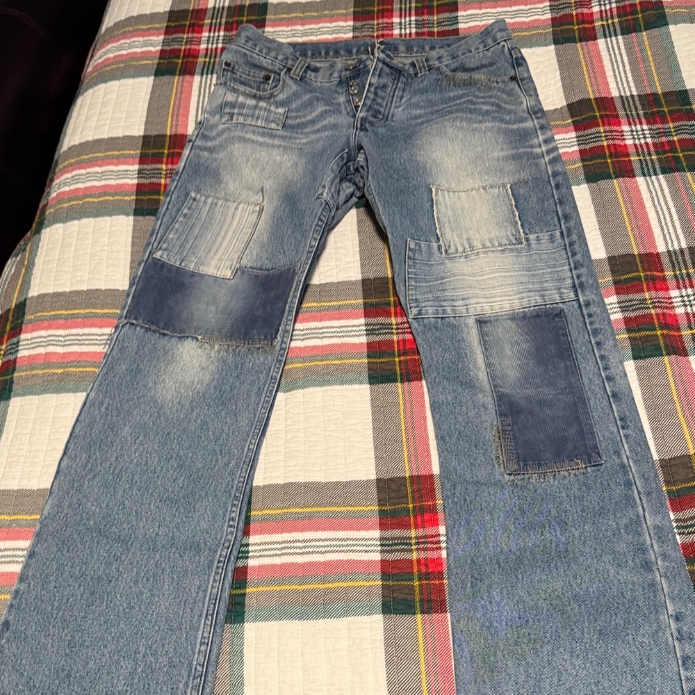 Express Men's Blue Patchwork Straight Jeans